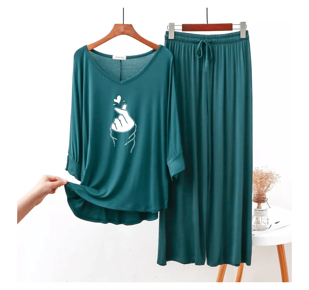 Persian Blue K Pop Heart V-Neck Women Night Suit PJ Set