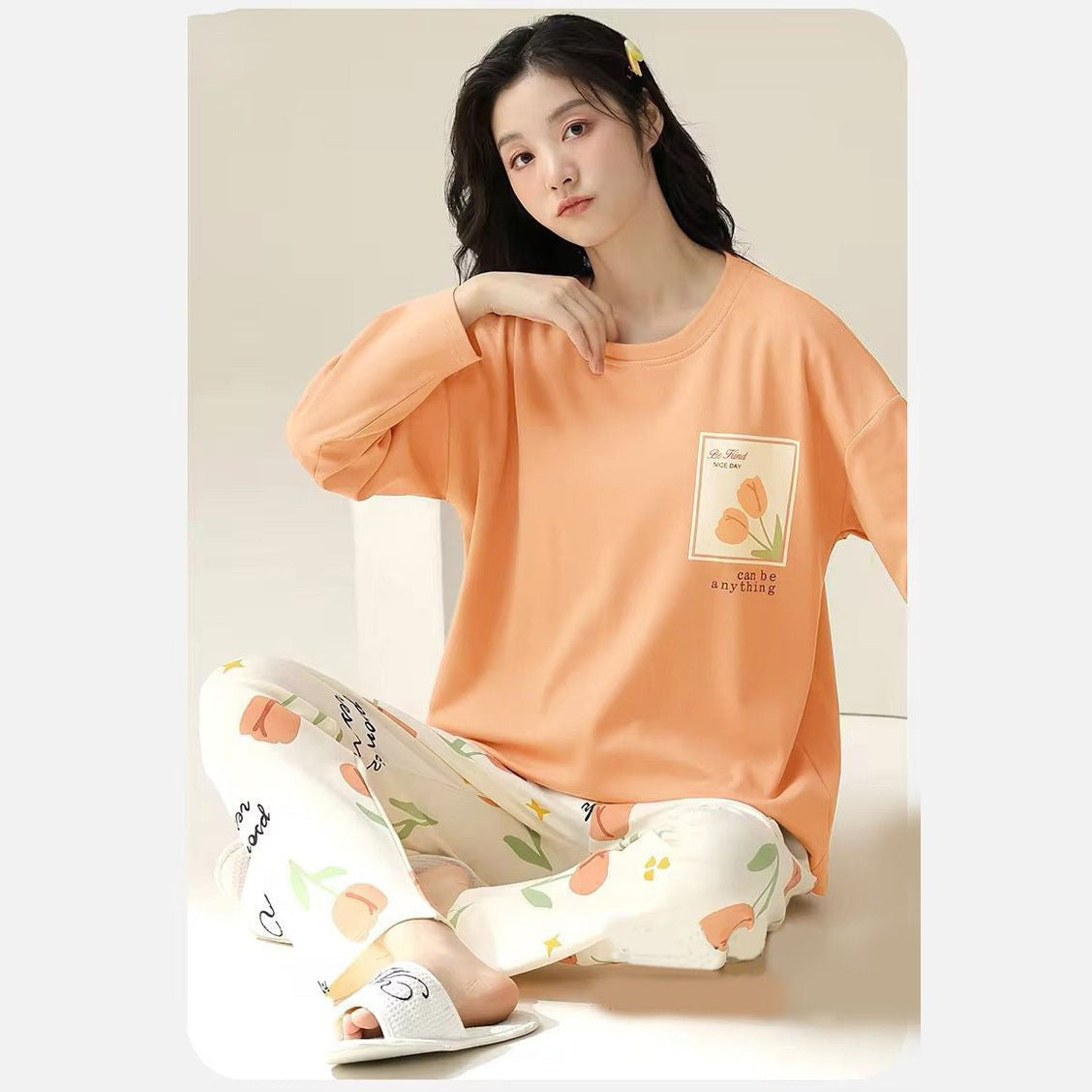 ORANGE POCKET PRINTED NIGHT DRESS IN COTTON FABRIC