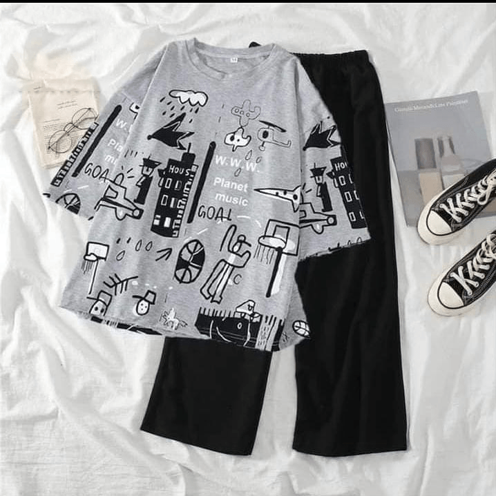 Planet gray printed night suit cotton jersey fabric