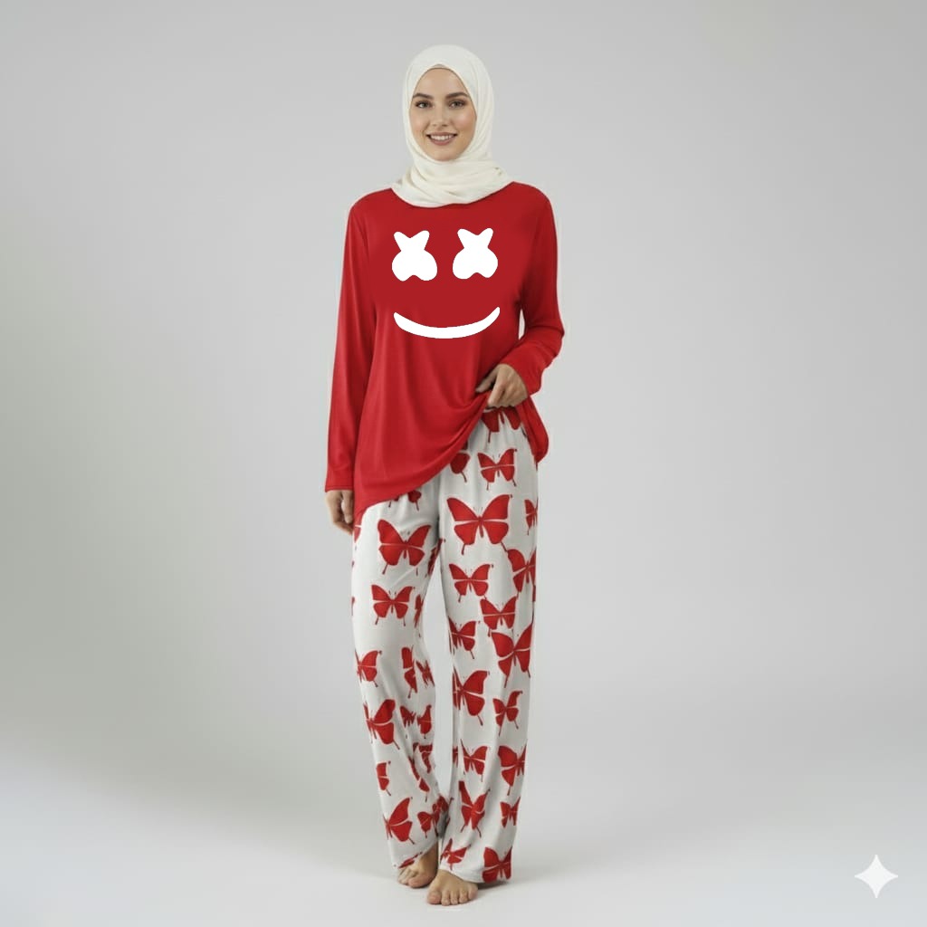 Marshmallow Printed Red Shirt With butterfly Printed Trouser