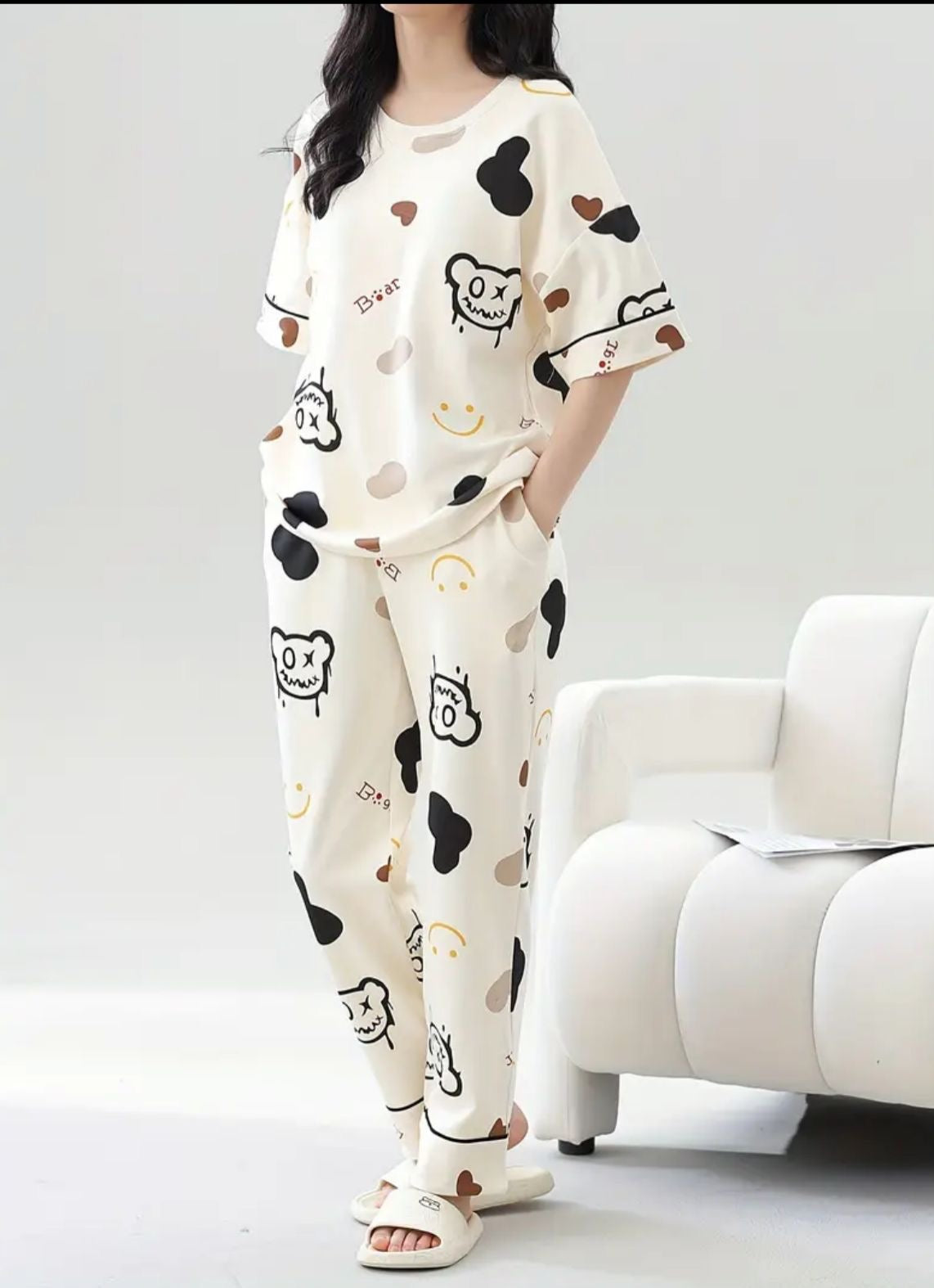 Off white bear printed ladies night suit fabric soft cotton jersey