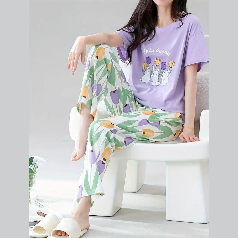 Purple bunny printed ladies night suit cotton jersey fabric