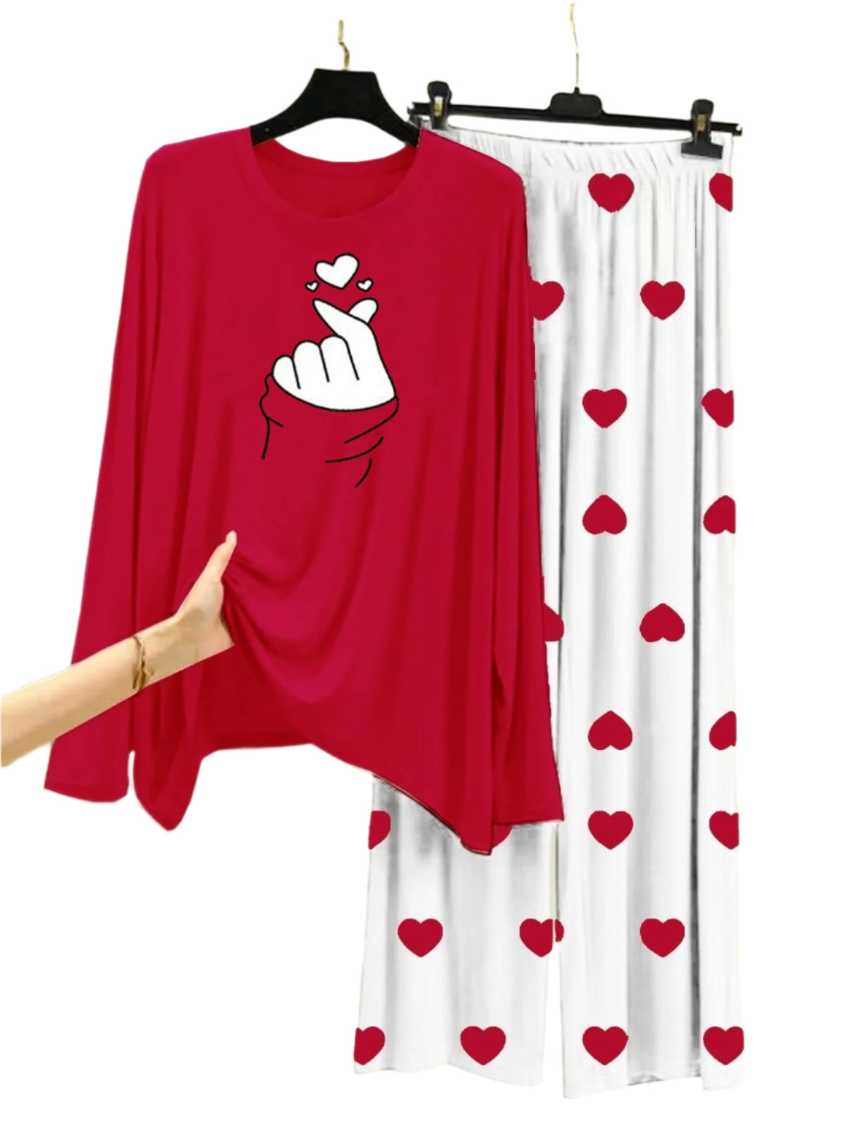 Finger Love Printed Red Shirt With Heart Printed Trouser