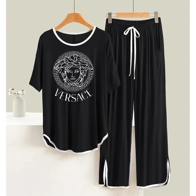 Black Vercase White Round Neck Plazzo PJ Set