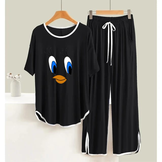 Black Daffy Duck White Round Neck Plazzo PJ Set