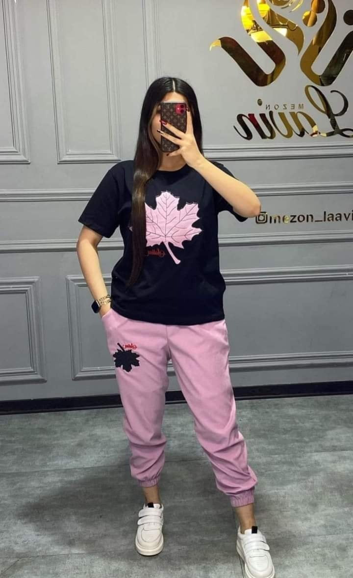 Leaf Printed Black Shirt And Pink Trouser