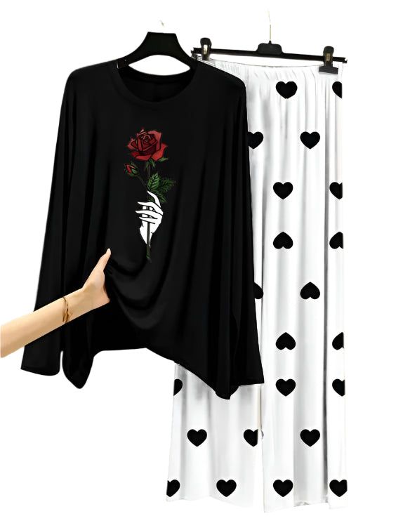Rose Flower Printed Black With Heart Printed Trouser