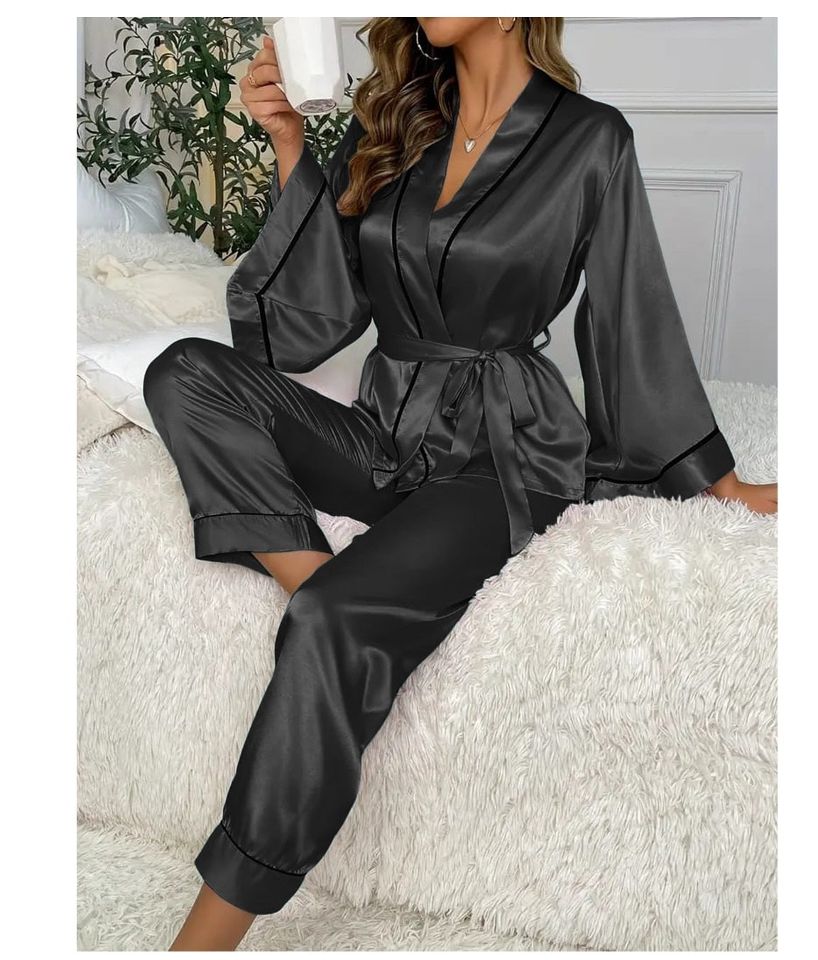 BLACK Gown Style Wetsern 2-Pcs Sill Night-Suit. (AS)