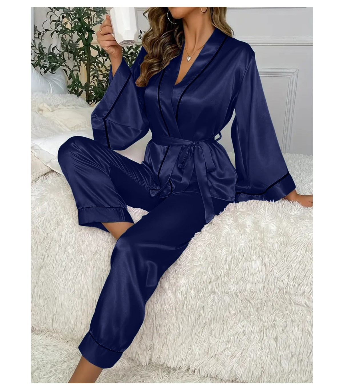 Blue Gown Style Wetsern 2-Pcs Sill Night-Suit. (AS)