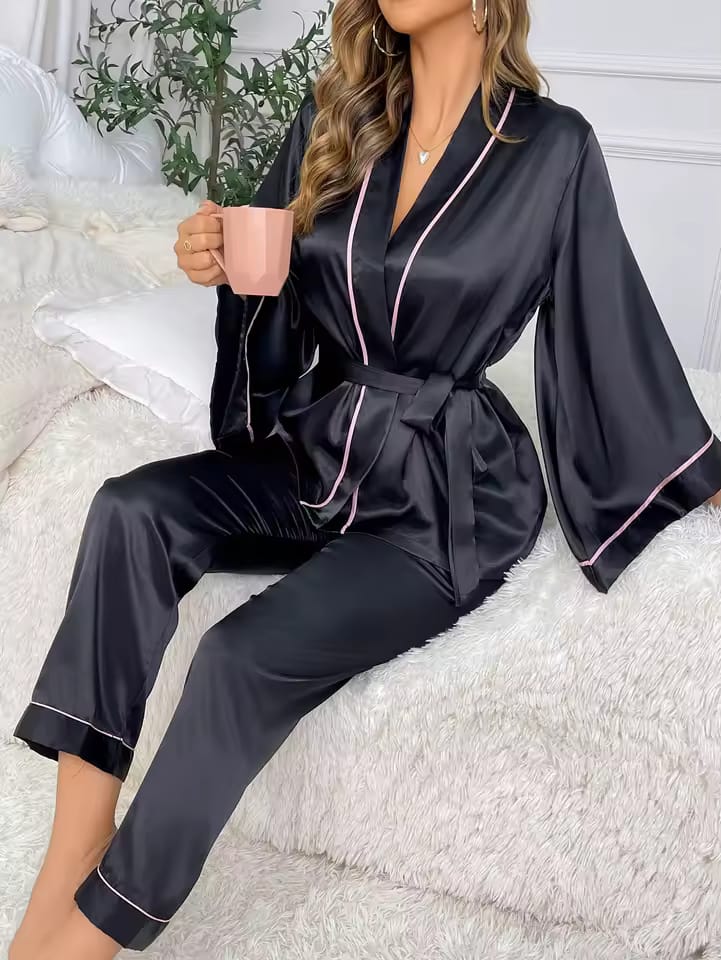 BLACK Gown Style Wetsern 2-Pcs Sill Night-Suit. (AS)