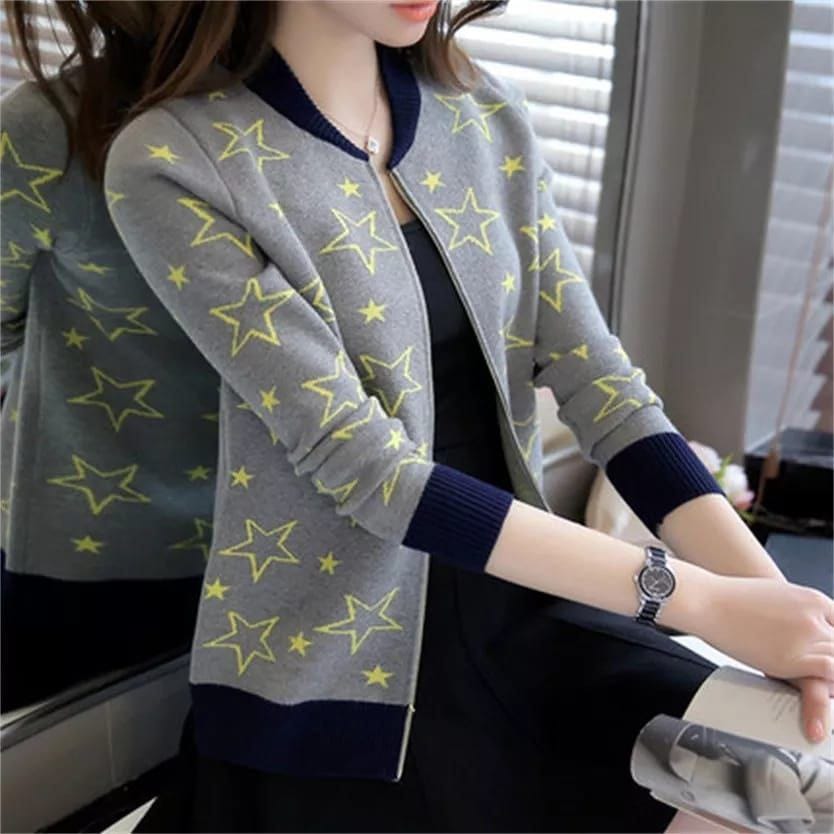 Grey Color Women's Star Printed Zipper Jacket.