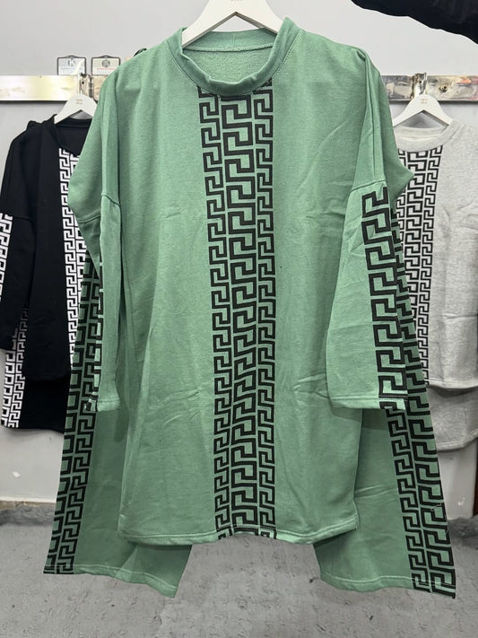 Light Gree Color Drop-Shoulder Puzzle Printed Sweat Style 2-Pcs Winter Tracksuit