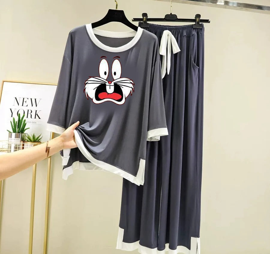 Gray White Round Bug's Bunny Full Sleeve Printed Flapper Style Dress