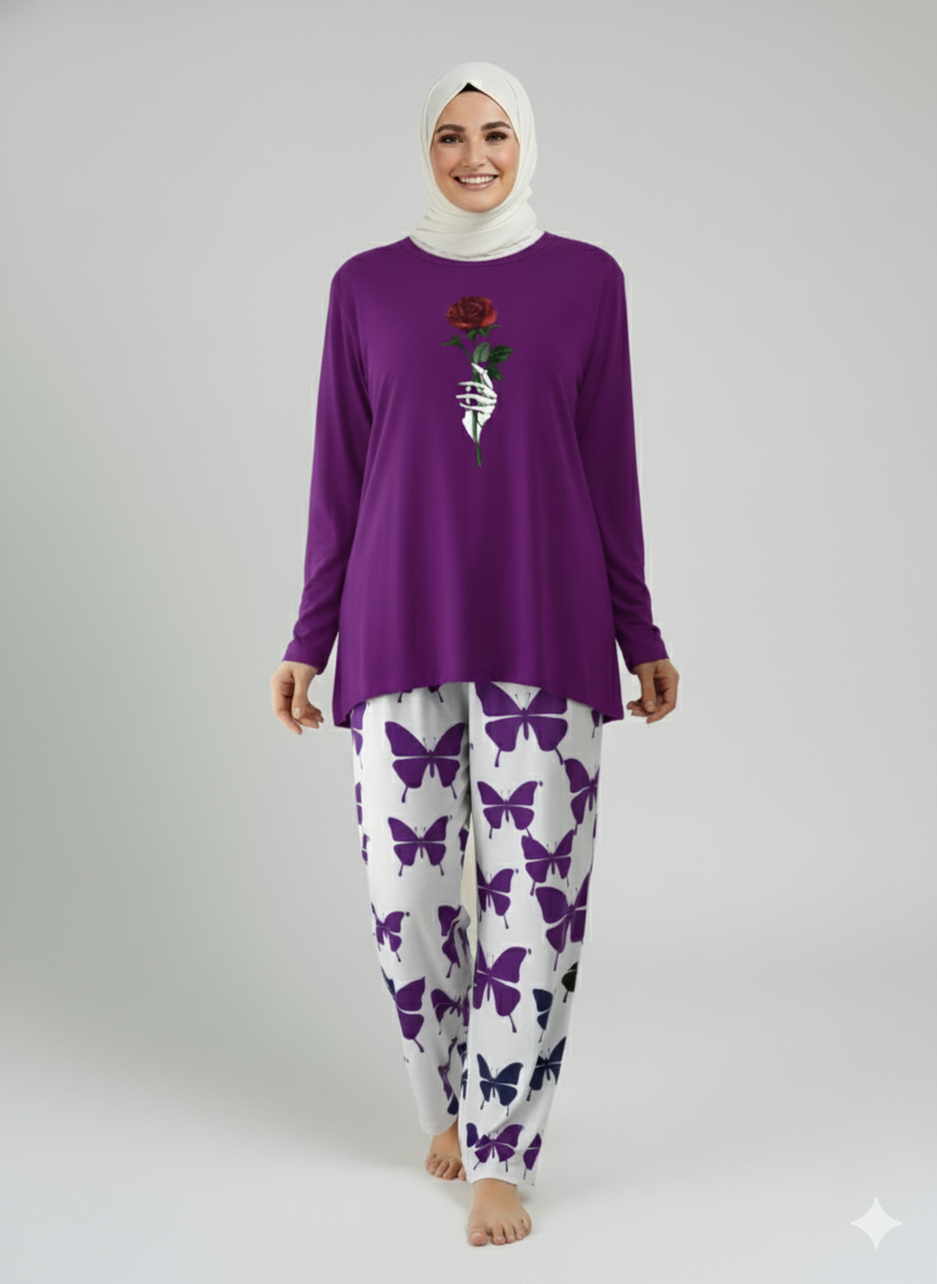 Rose Flower Printed Black Shirt With butterfly Printed Trouser