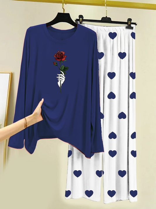 Rose Flower Printer Navy Blue Shirt With Heart Printed Trouser