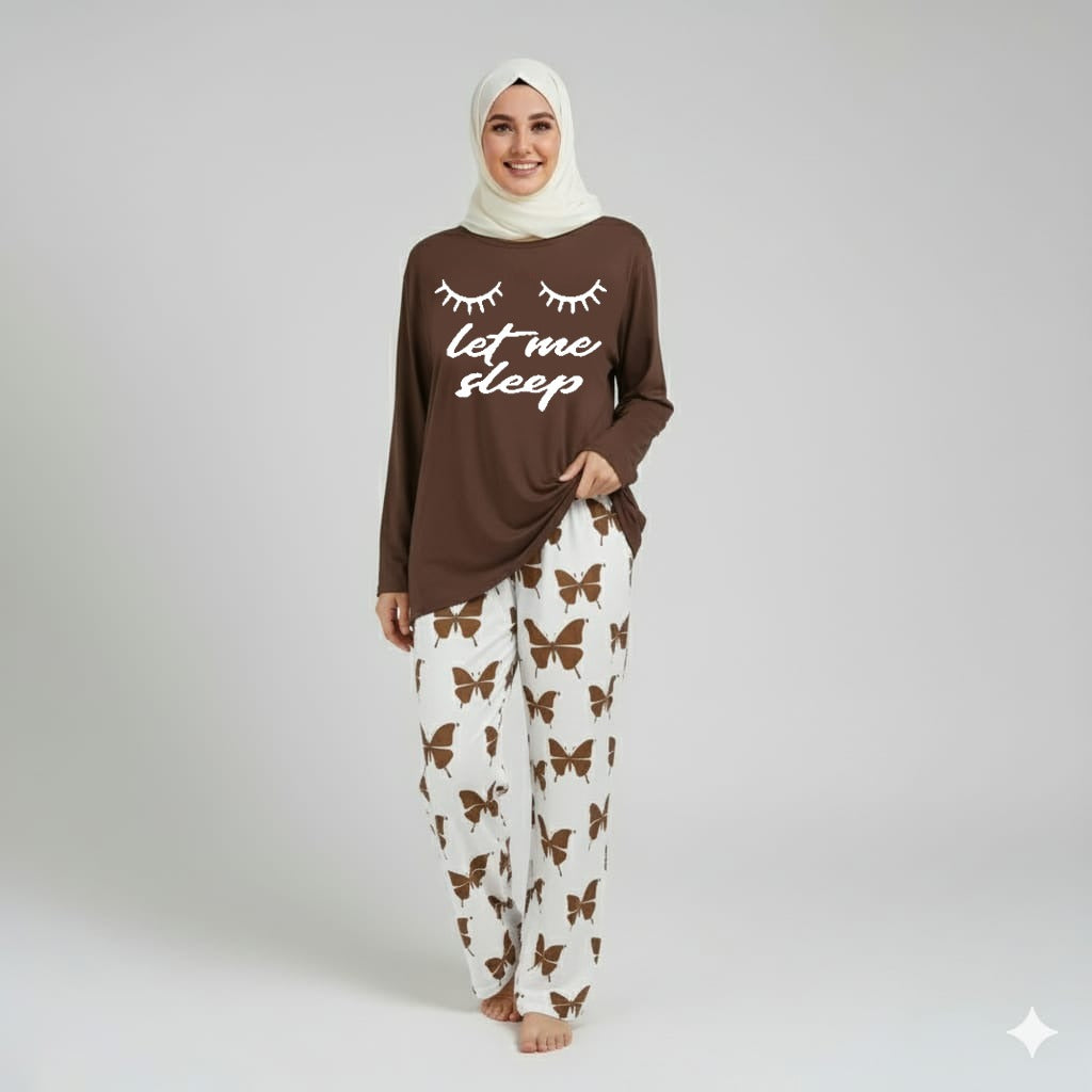 Let me Sleep Printed Brown Shirt With butterfly Printed Trouser