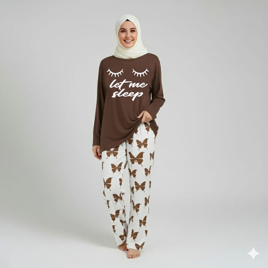 Let me Sleep Printed Brown Shirt With butterfly Printed Trouser