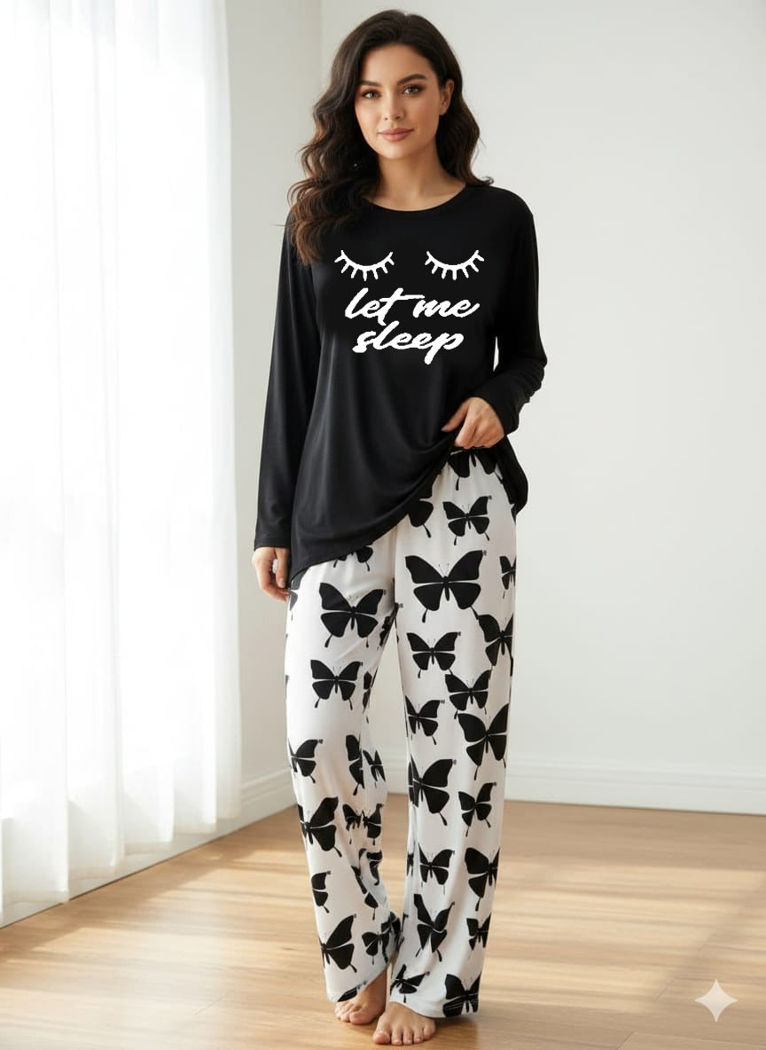 Let me Sleep Printed Black Shirt With butterfly Printed Trouser