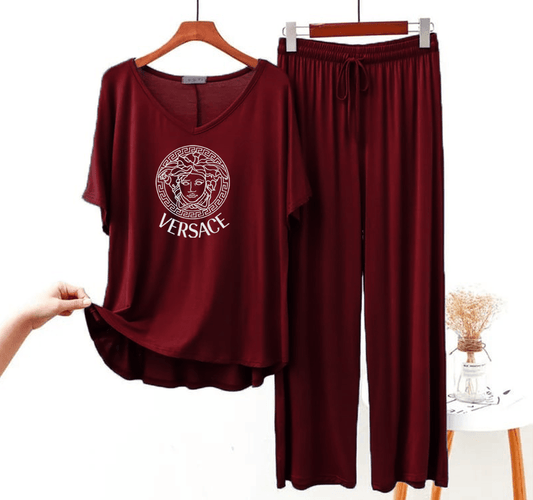 Maroon Vercase V-Neck Women Night Suit PJ Set