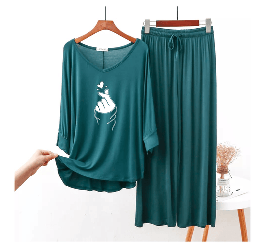 Persian Blue K Pop Heart V-Neck Women Night Suit PJ Set