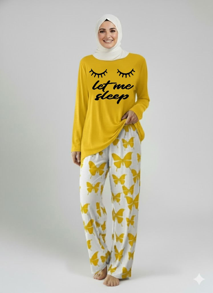 Let me Sleep Printed Yellow Shirt With butterfly Printed Trouser
