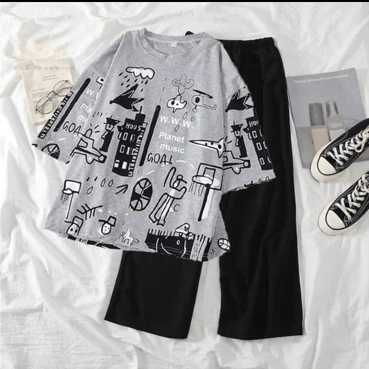 Planet gray printed night suit cotton jersey fabric