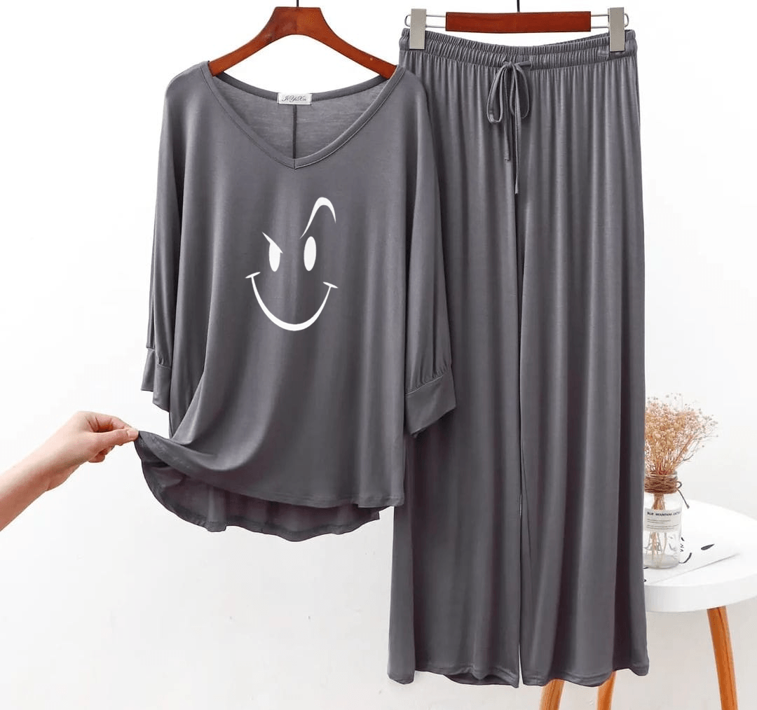Plain Gray Smiley Face V Neck with Plazzo Pajama Full Sleeves Suit