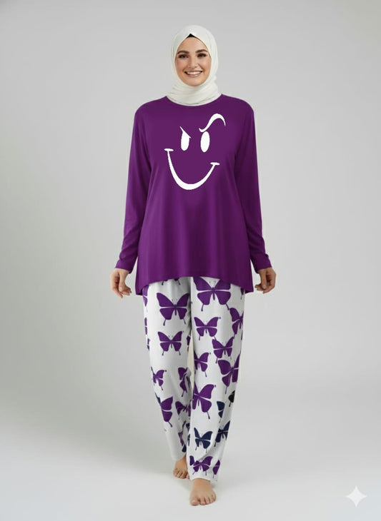 Smile Printed Purple Shirt With butterfly Printed Trouser