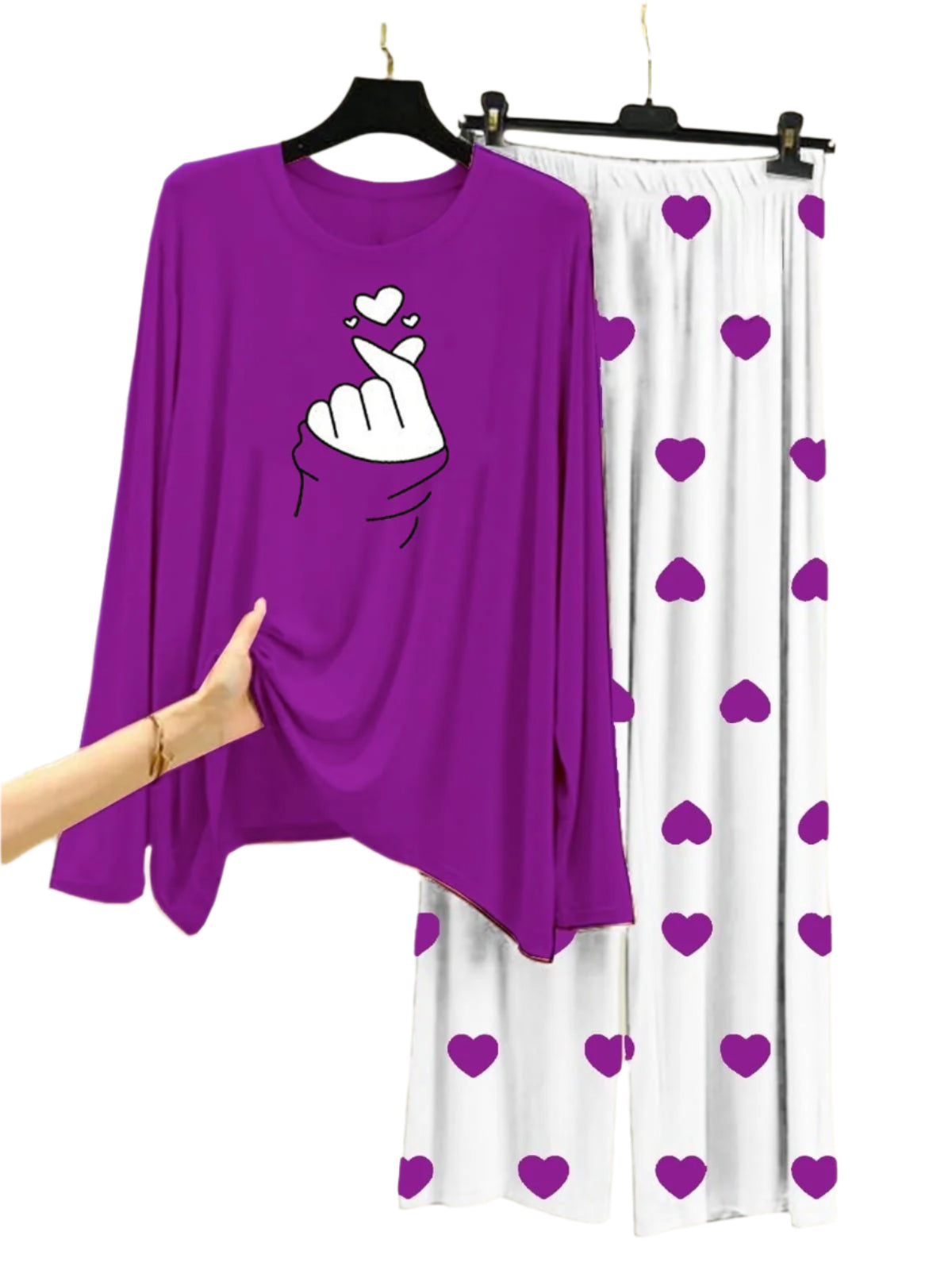 Finger Love  Printed Purple Shirt With Heart Printed Trouser