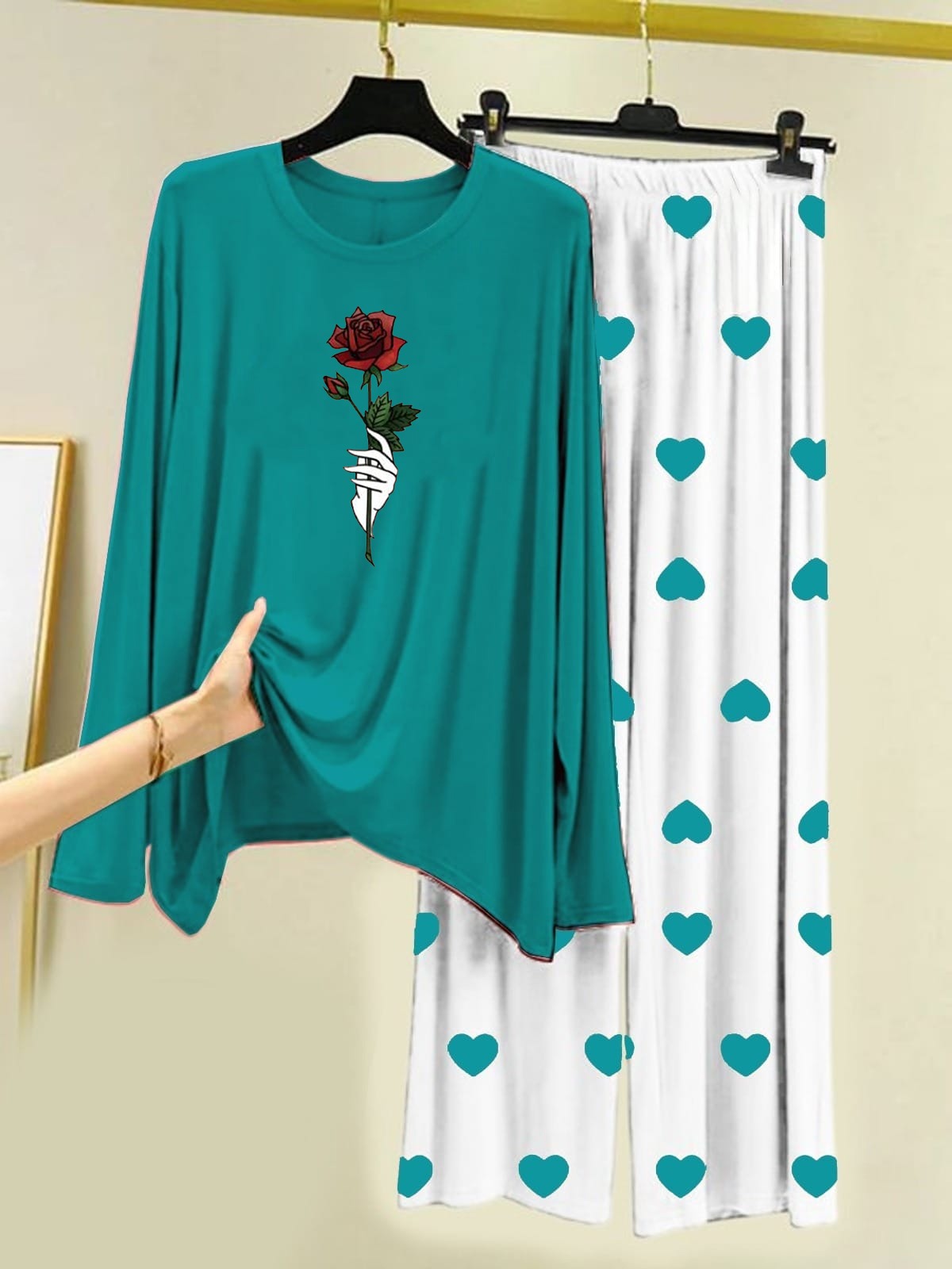 Rose Flower Printed Sea Green Shirt With Heart Printed Trouser
