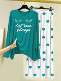 Let Me  Sleep Printed Sea Green Shirt With Heart Printed Trouser
