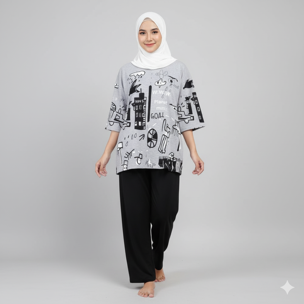 Planet gray printed night suit cotton jersey fabric