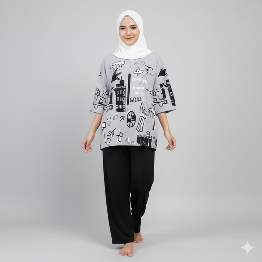 Planet gray printed night suit cotton jersey fabric