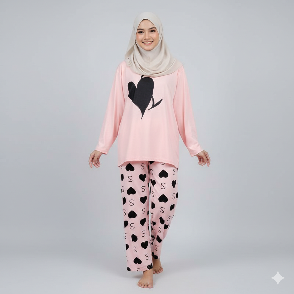 pink double heart printed night suit full sleeve in premium fabric cotton jarsy