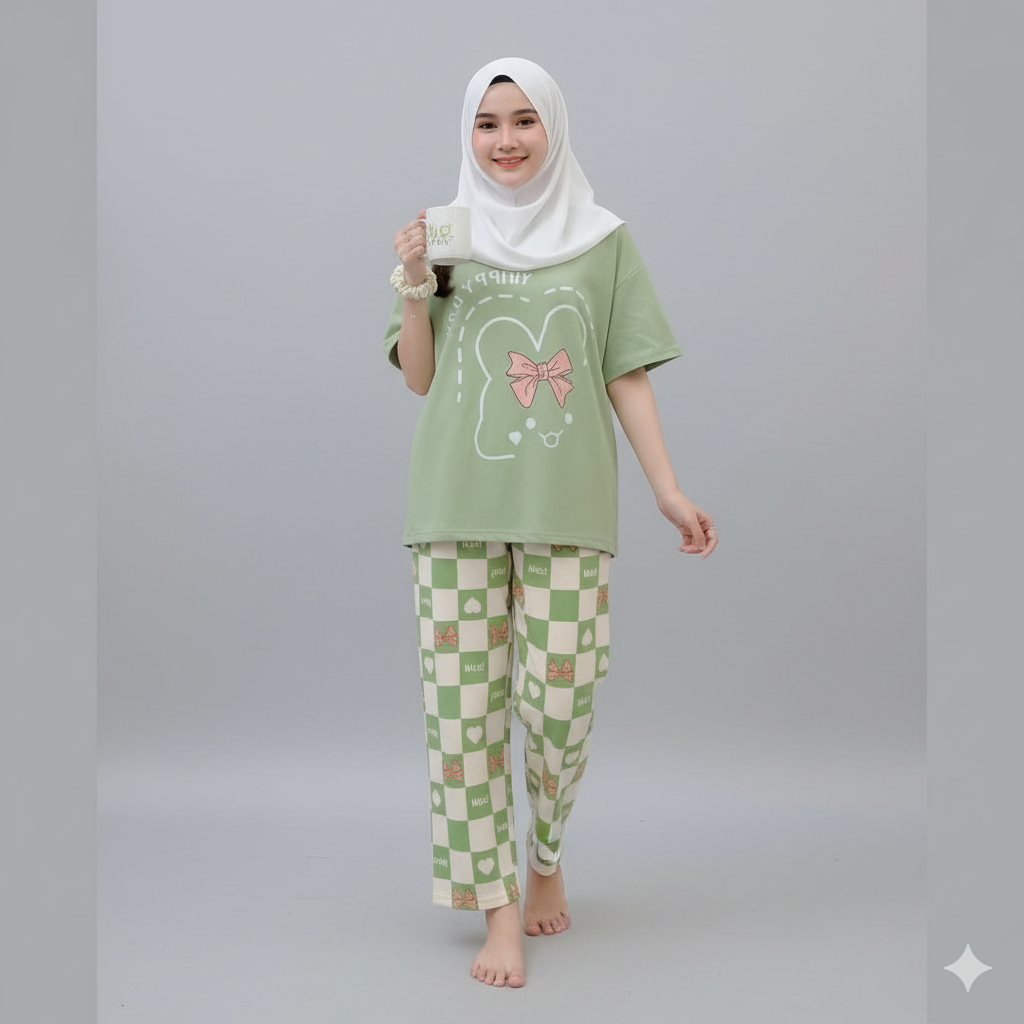 Happy day printed green ladies night suit  cotton jersey fabric