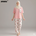 Pink Flower Printed Pocket Half Sleeves Shirt and White Flower Printed Trouser Night Wear