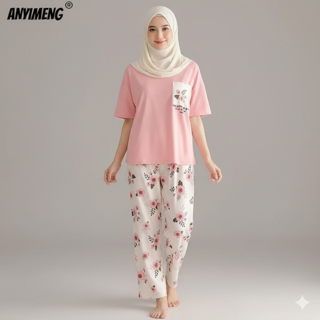 Pink Flower Printed Pocket Half Sleeves Shirt and White Flower Printed Trouser Night Wear