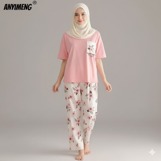 Pink Flower Printed Pocket Half Sleeves Shirt and White Flower Printed Trouser Night Wear
