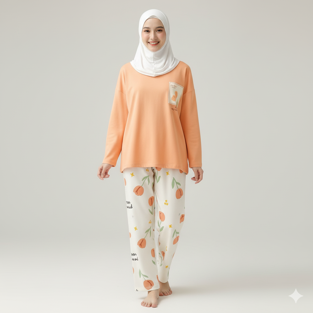 ORANGE  POCKET PRINTED NIGHT DRESS IN COTTON FABRIC