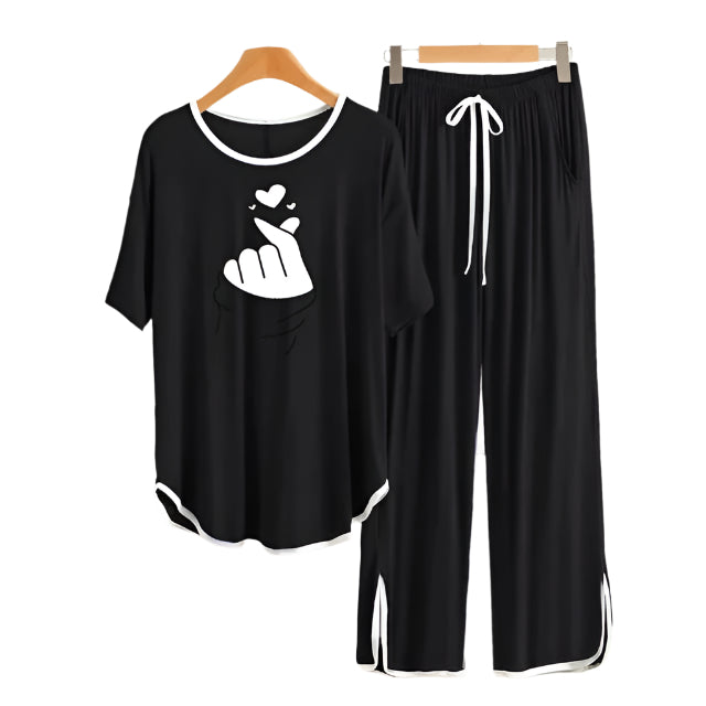 Black Finger Love White  Round Neck Plazzo PJ Set