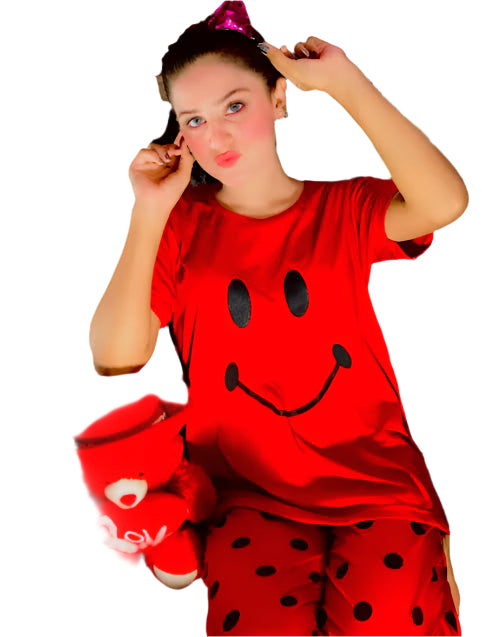 RED SMILE Half Sleeves  ( PJ'S Night Dress ) Dotted Pajama