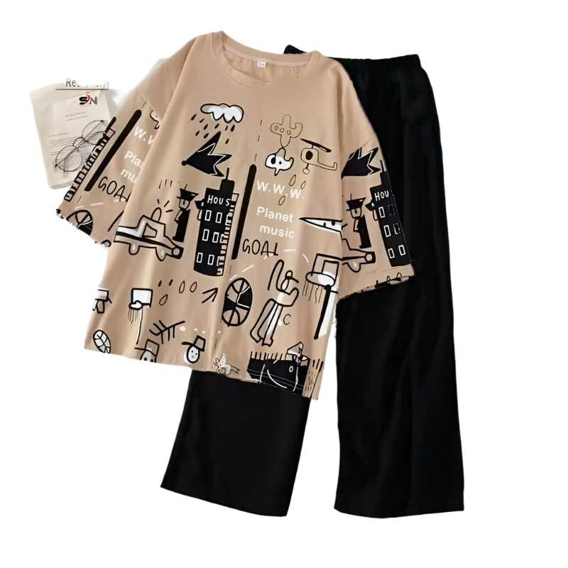 Brown Multicolor Painted Half sleeve ( PJ'S Night Dress )