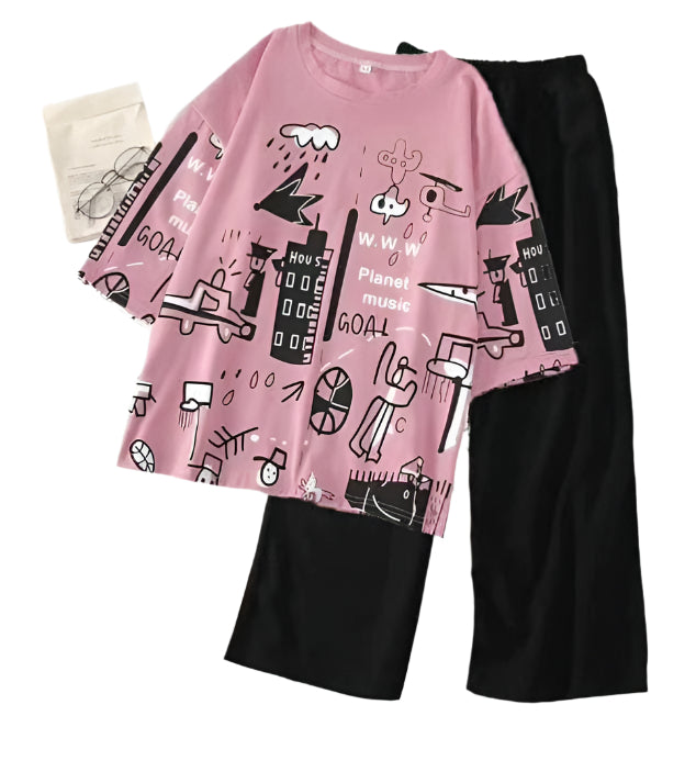 Pink  Multicolor Painted Half sleeve ( PJ'S Night Dress )