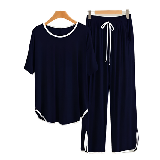 Plain  NAVY BLUE WITH White  Round Neck Palazzo PJ Set