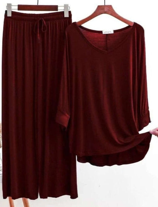 Maroon V-Neck Women Night Suit PJ Set