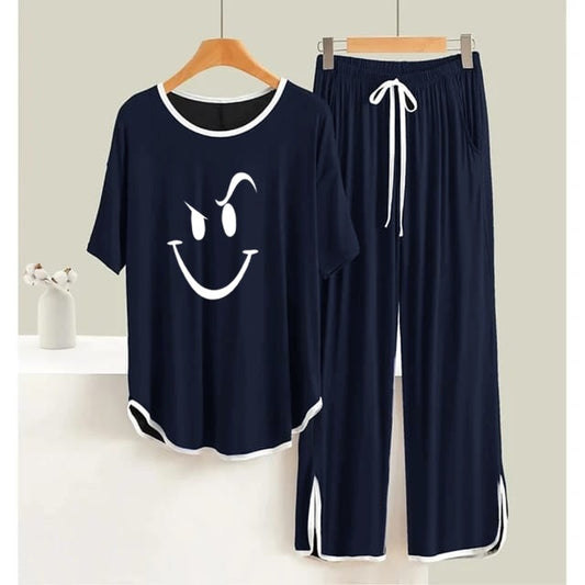 Navy Blue Smiley Face White Round Neck Plazzo PJ Set