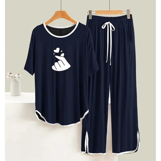 Navy Blue Finger Love White Round Neck Plazzo PJ Set