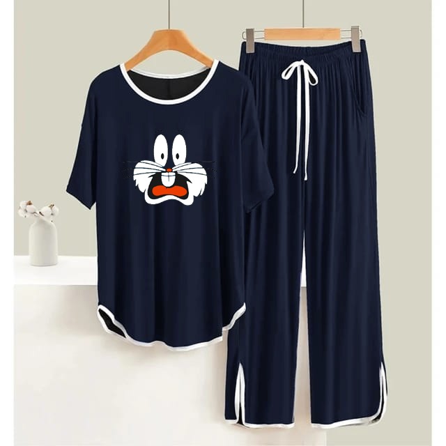 Navy Blue Bug's Bunny White Round Neck Plazzo PJ Set