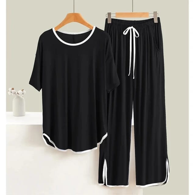 Black White Round Neck Plain Black with White Panel Palazzo