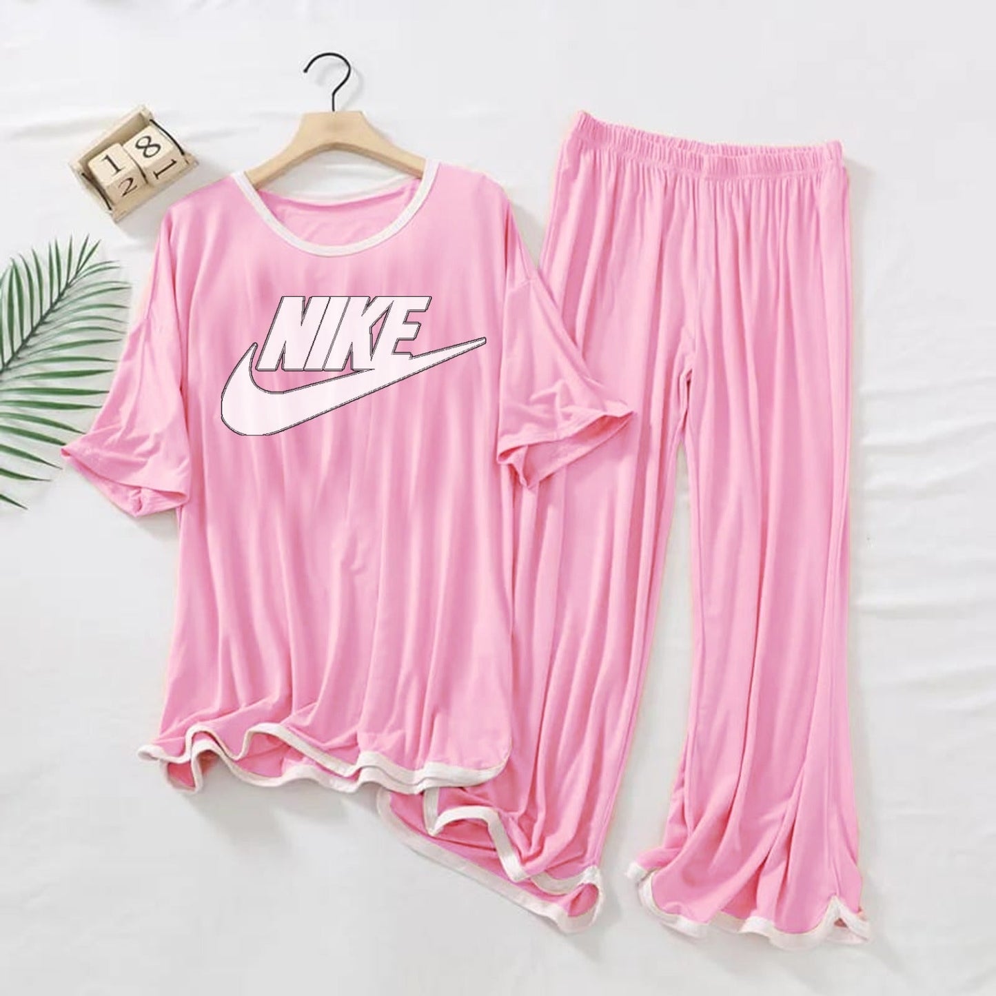 NIKE Logo Printed  Pink White Border Top & Palazzo